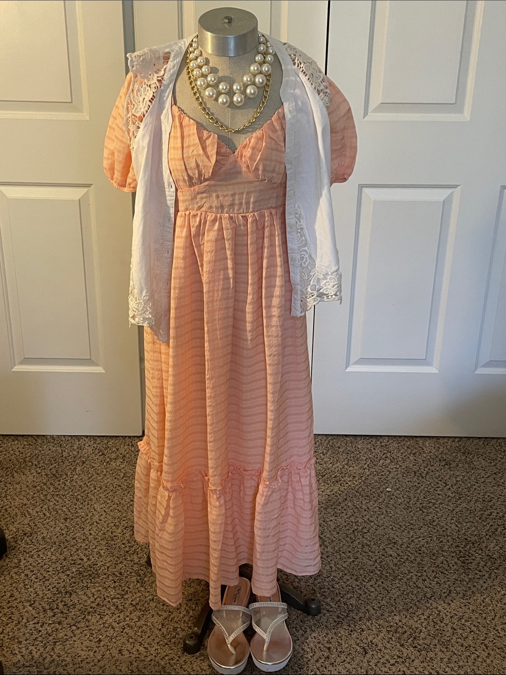 Blu Pepper Peach Striped Maxi Dress with Puff Sleeves